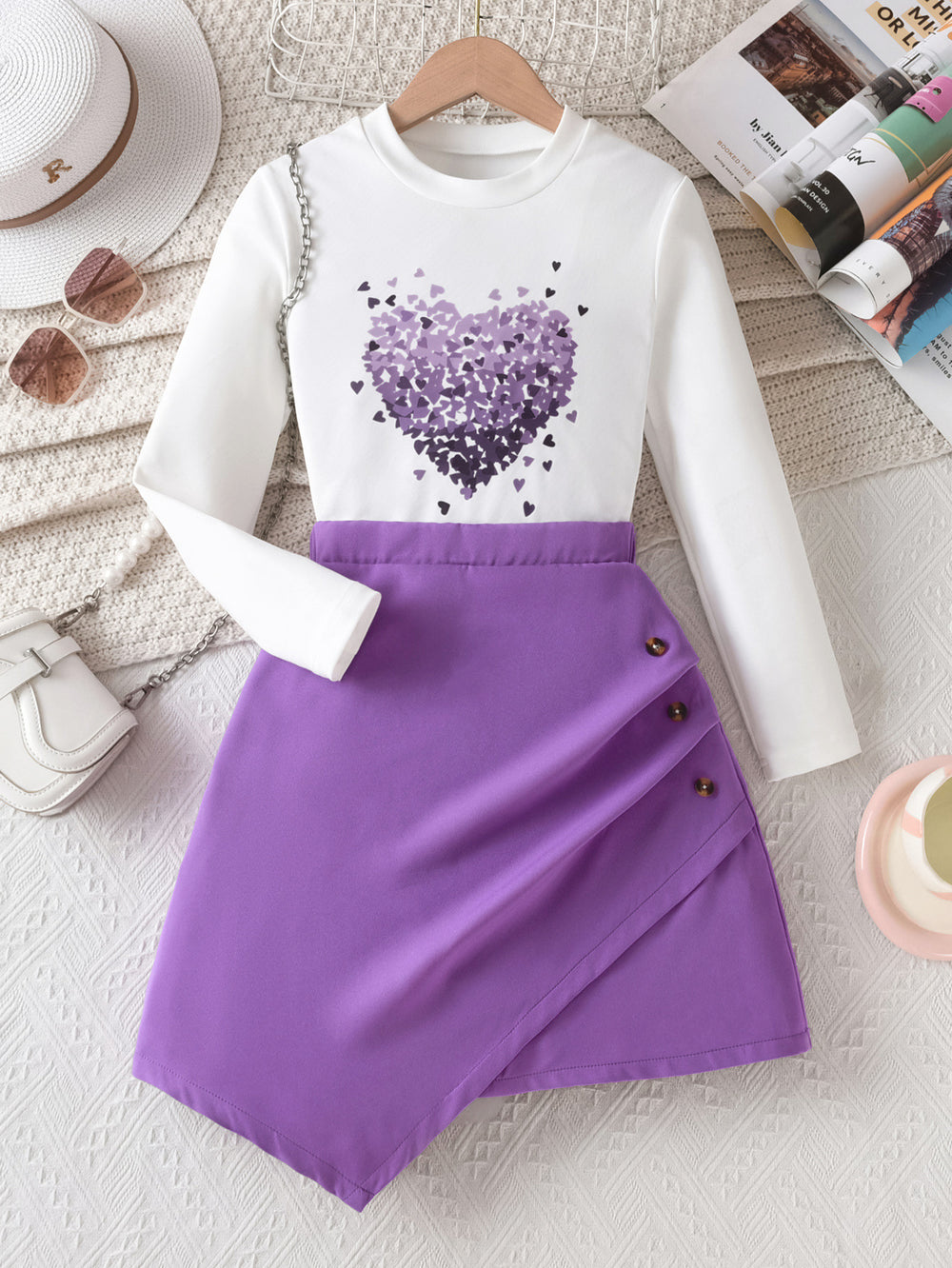 Autumn children's clothing set for export: purple irregular skirt with heart print long-sleeve t-shirt - girls' two-piece outfit