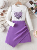 Autumn children's clothing set for export: purple irregular skirt with heart print long-sleeve t-shirt - girls' two-piece outfit