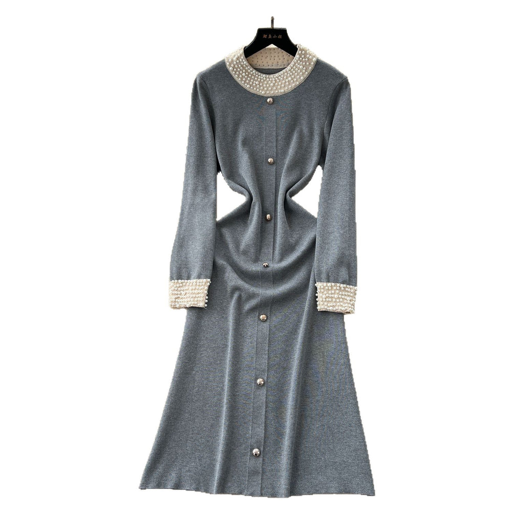 Elegant and high-end beaded round neck long sleeve knitted midi dress - women's autumn slim-fit inner layer sweater dress