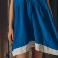Summer new european and american cross-border hot seller: royal blue and white halter neck deep v cotton linen dress - loose fit, figure-flattering beach dress