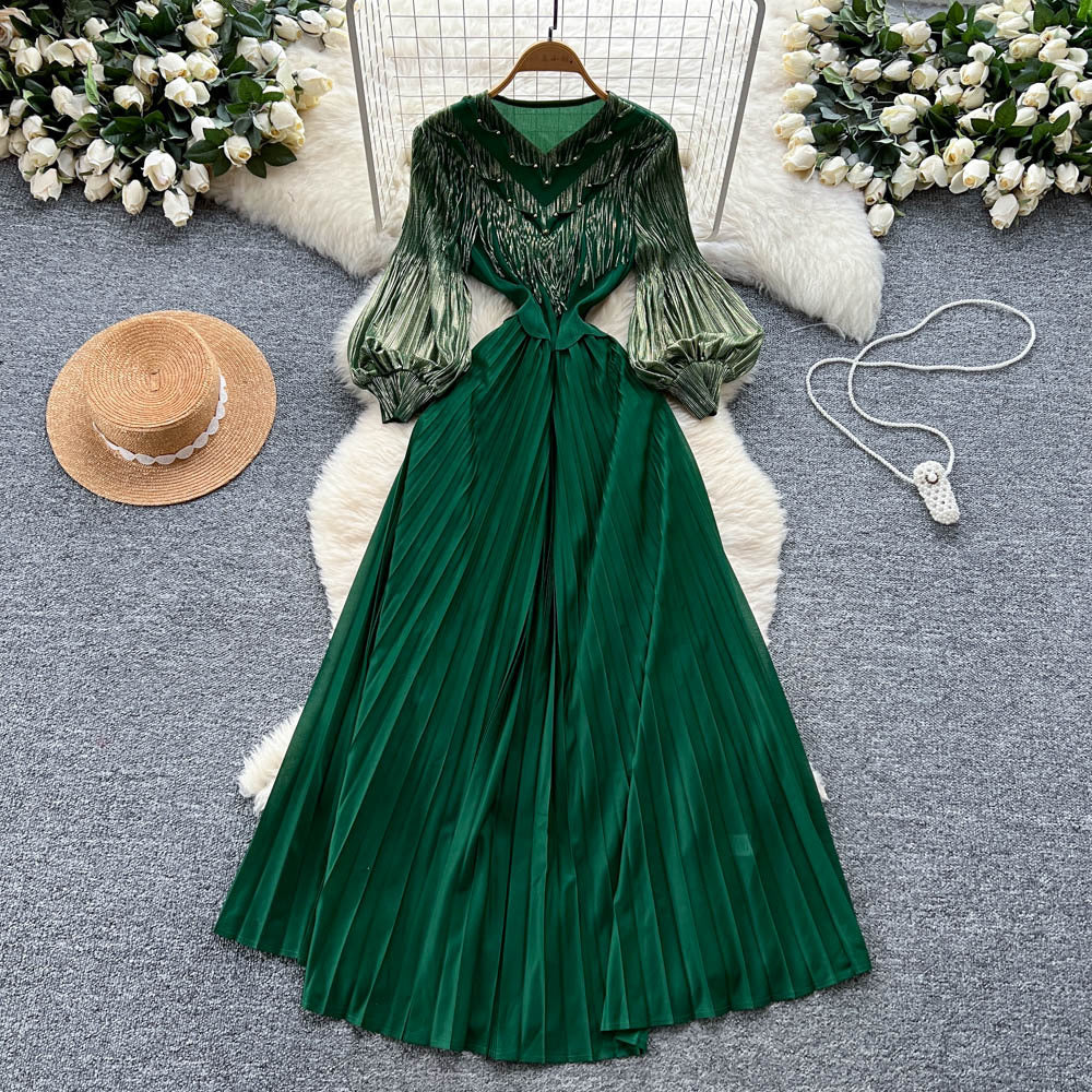 Elegant court-style bubble sleeve dress - women's autumn tassel design, mature and chic, flowy maxi dress