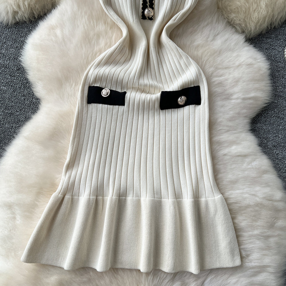summer women's chic chanel-inspired v-neck knit dress: slimming, figure-hugging, short-sleeve, bodycon fishtail mini dress