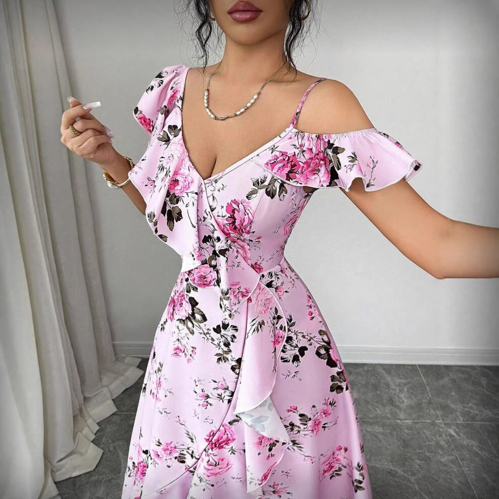 Women's new summer romantic retro beach vacation asymmetrical pink maxi dress with ruffle hem and off-shoulder neckline
