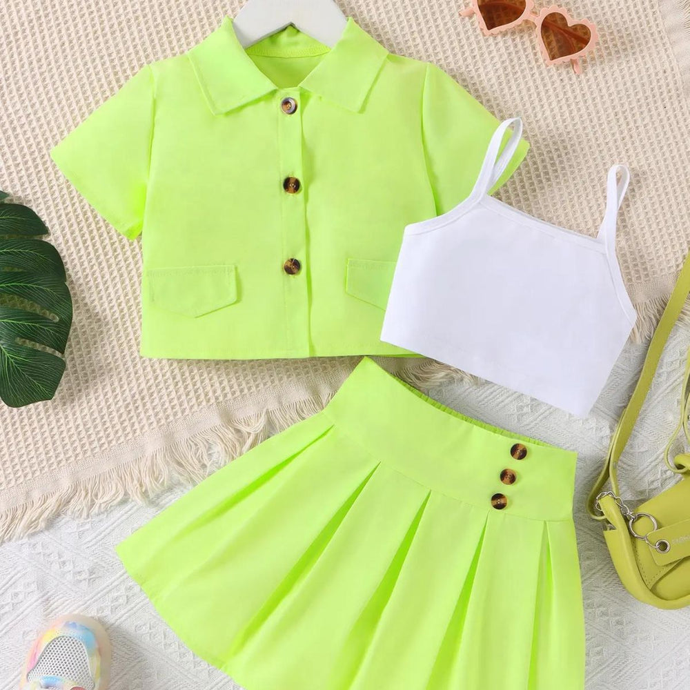 Girls' fashion collared neon outfit - 3-piece set: cami top + collared blouse + skirt set