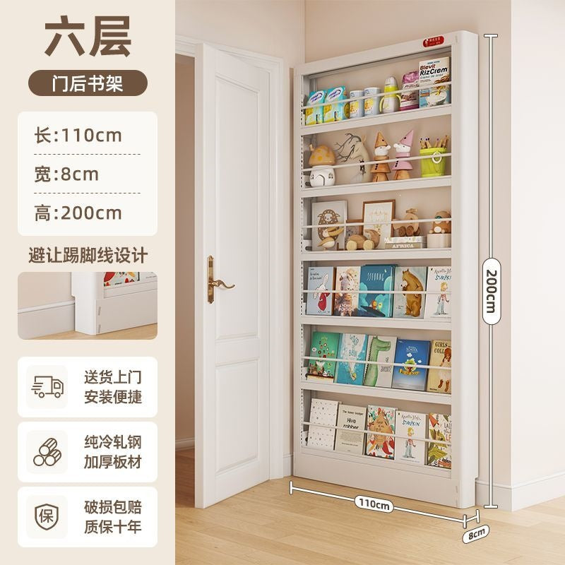 Behind-the-door bookshelf, ultra-slim over-the-door organizer, steel kids' storage rack for picture books, home wall bookshelf