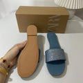 Za summer new 2024 women's shoes blue denim thong sandals with rhinestone embellishments, square toe, open toe, flat heel