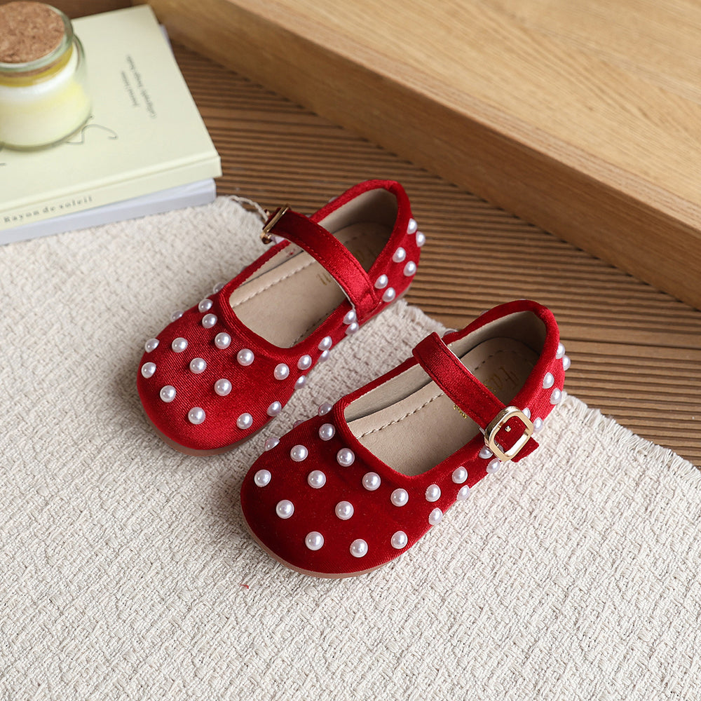 Vancahao girls' french round-toe flats with pearl detail -  spring new collection, soft sole, single strap, flat shoes