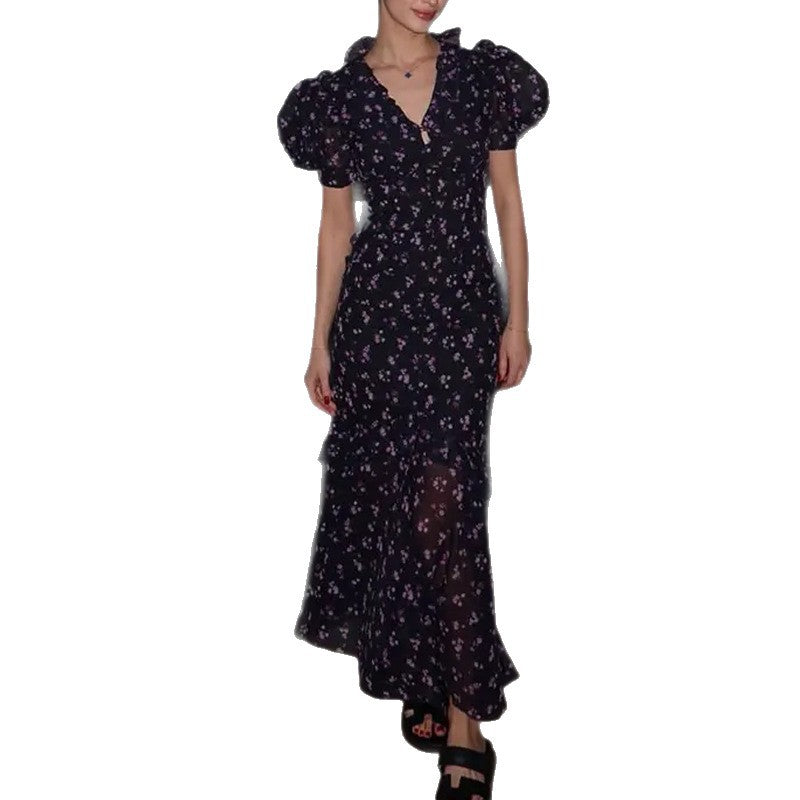 women's summer new arrivals:  cross-border fashion - elegant printed v-neck dress with ruffle trim