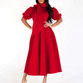 fashion  spring and summer elegant puff sleeves pure color sense of design waist tie back long skirt exportdress