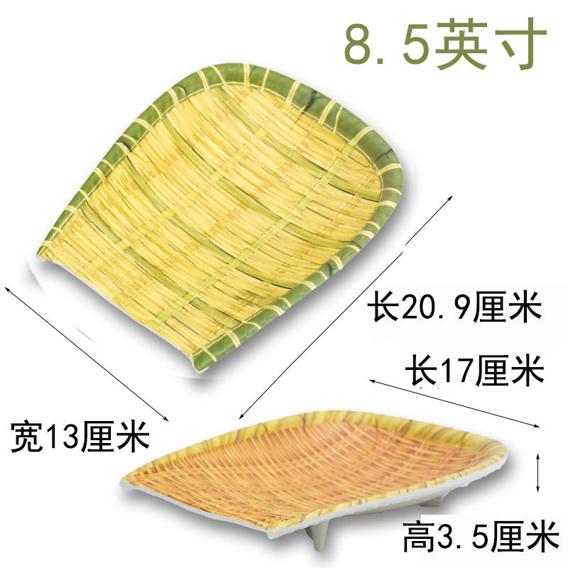 Bamboo woven disc plastic hot pot dish plate restaurant large plate barbecue plate farmhouse tableware green roast chicken plate banquet