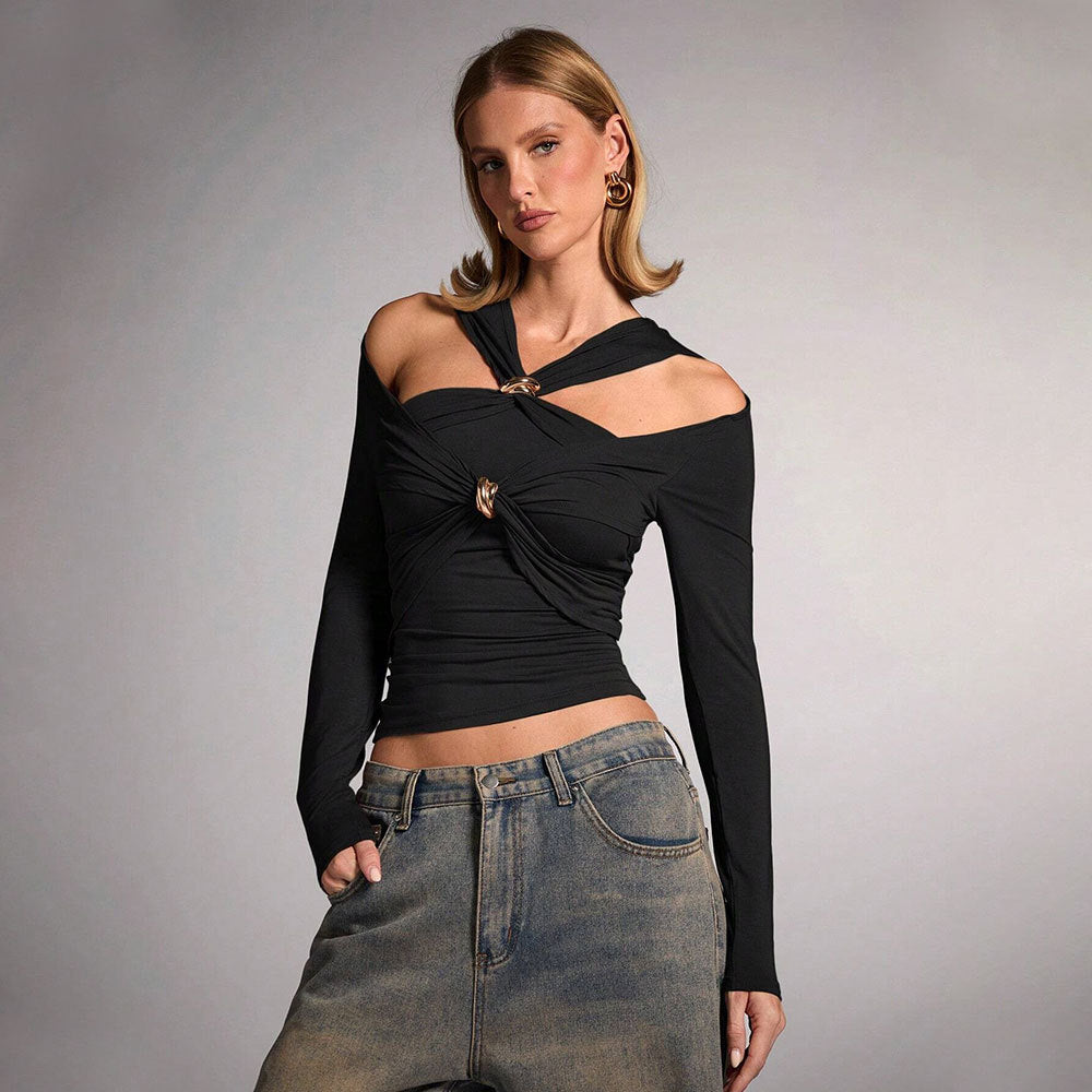 Fashionins cross-border fashion sense of design women's street style t-shirt spring and summer off-shoulder silmeleganttops