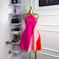 European and american cross-border women's fashion  summer new color block floral sleeveless halter neck backless tie-up mini dress