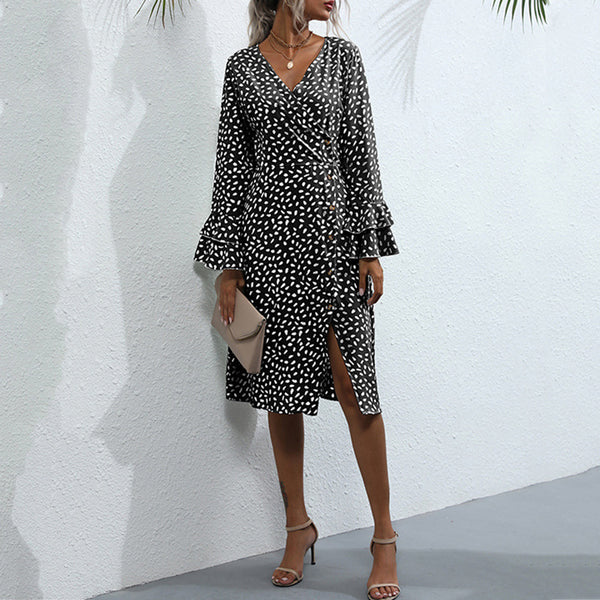 Yanxuan Independent Station Cross-border Foreign Trade Black A-shaped Dress Slim-fit Printing Split Fork European and American Long Sleeve French Dress
