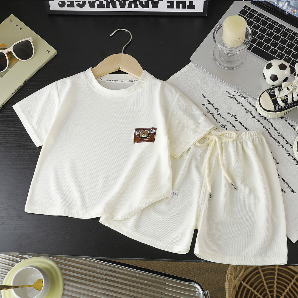 Summer kids' waffle knit short sleeve set: boys' casual activewear, girls' loose-fit t-shirt, wholesale baby clothes