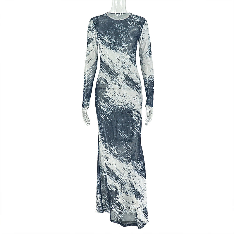 Fashion style cross-border stylishprinting women's clothingelegantstraight-leg hip skirtfashioncolorblock round necklong sleevesdress trendy
