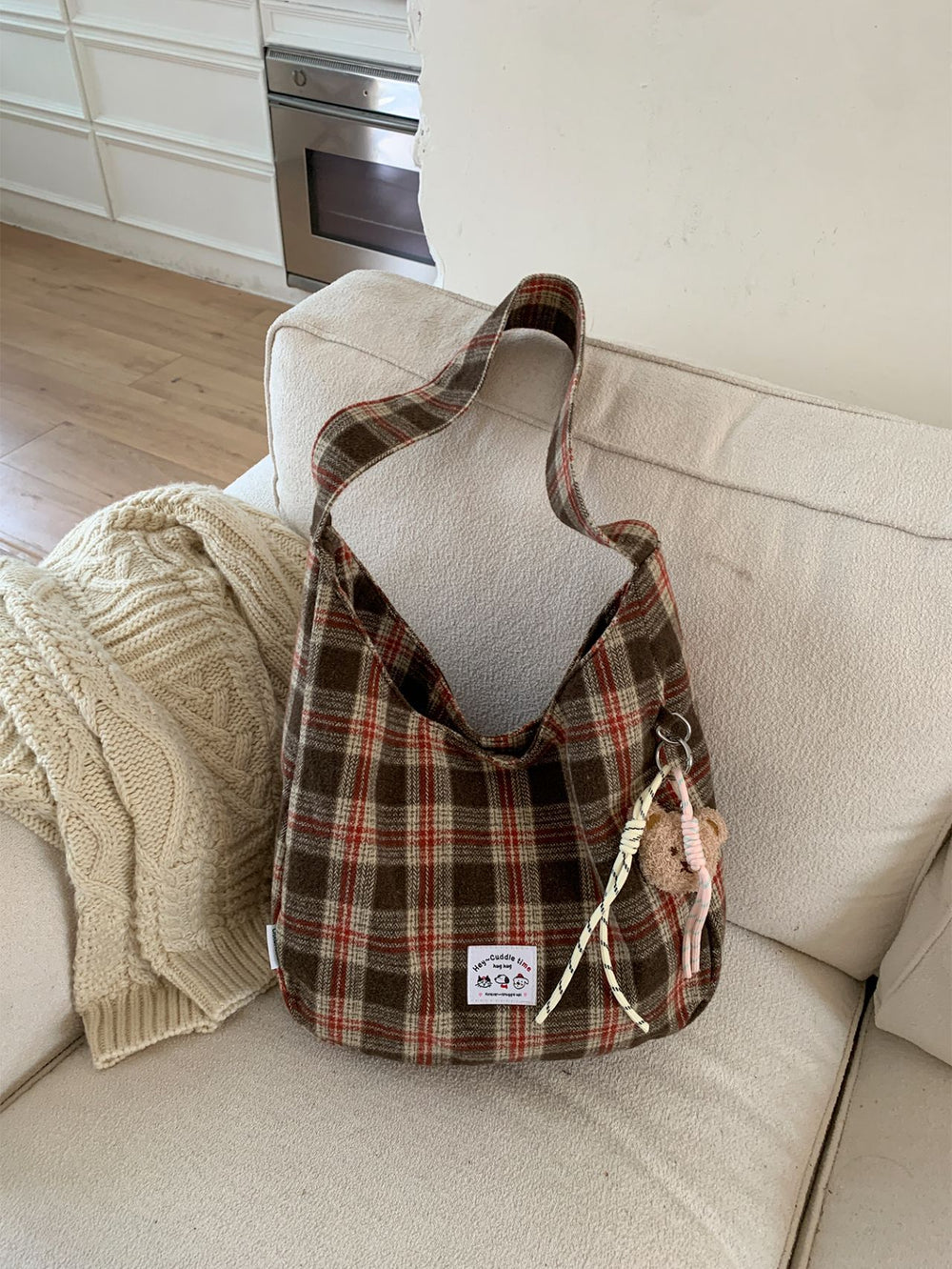Korean retroplaid shoulder bag women's fall and winternew arrivalniche style design canvas bag large capacity casual tote bag