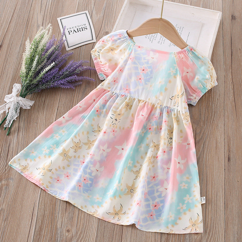 【matching family outfits】girls' cotton silk floral dress - princess style, stylish print, and puff sleeve skirt