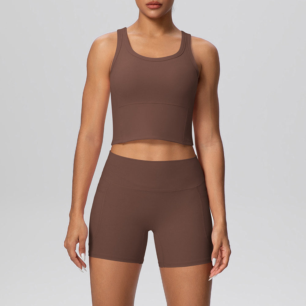 New arrival: cross-border brushed solid color breathable tank top & pocket shorts yoga set - two-piece activewear for running and fitness