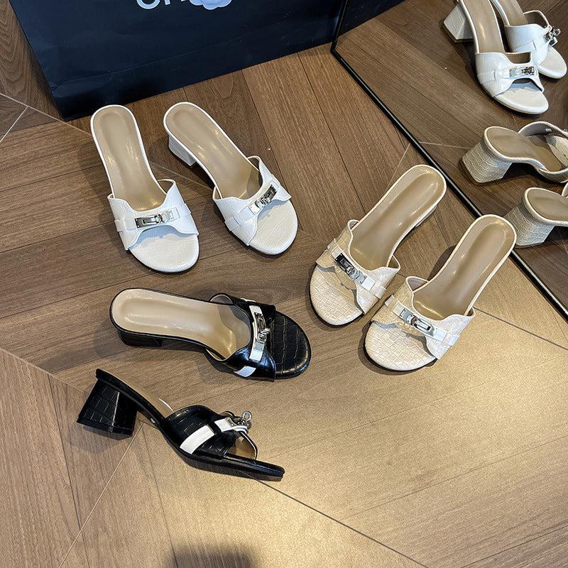 2025 spring/summer premium crocodile-embossed white heeled mules - women's open-toe sandals with small gold buckle and chunky stiletto heel