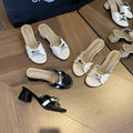 2025 spring/summer premium crocodile-embossed white heeled mules - women's open-toe sandals with small gold buckle and chunky stiletto heel
