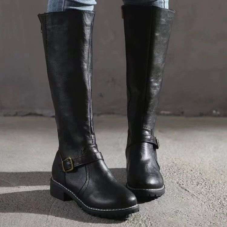 fall and winternew arrivalfashion side zipper round head belt buckle knee high women's knight boots in stockplus size boots for women