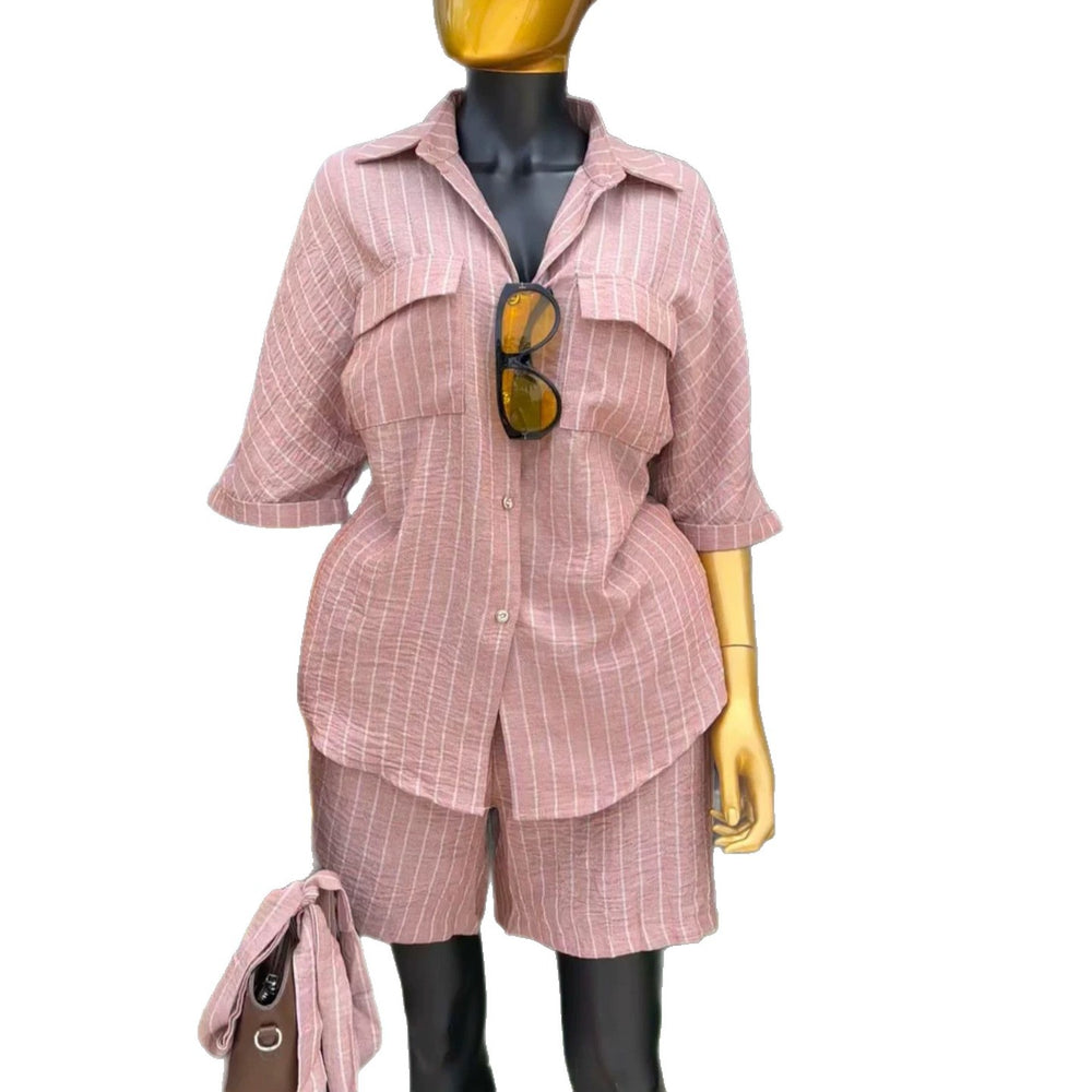 European and american cross-border women's clothing  summer new arrival: casual turn-down collar striped loose pocket shirt and high-waisted shorts set