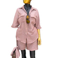 European and american cross-border women's clothing  summer new arrival: casual turn-down collar striped loose pocket shirt and high-waisted shorts set