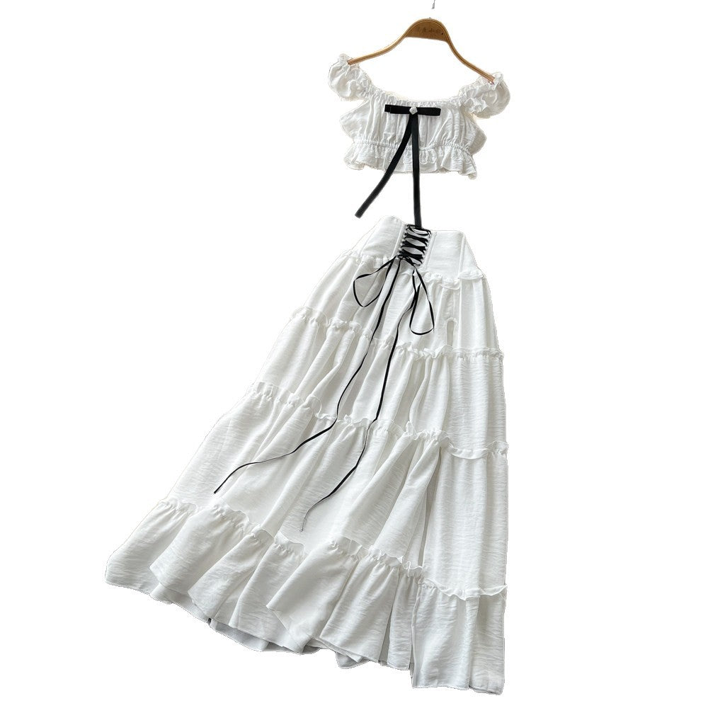 French sweet style off-the-shoulder puff sleeve top with tie-waist high-waisted tiered skirt slimming two-piece set - new summer collection for women