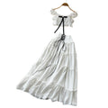 French sweet style off-the-shoulder puff sleeve top with tie-waist high-waisted tiered skirt slimming two-piece set - new summer collection for women
