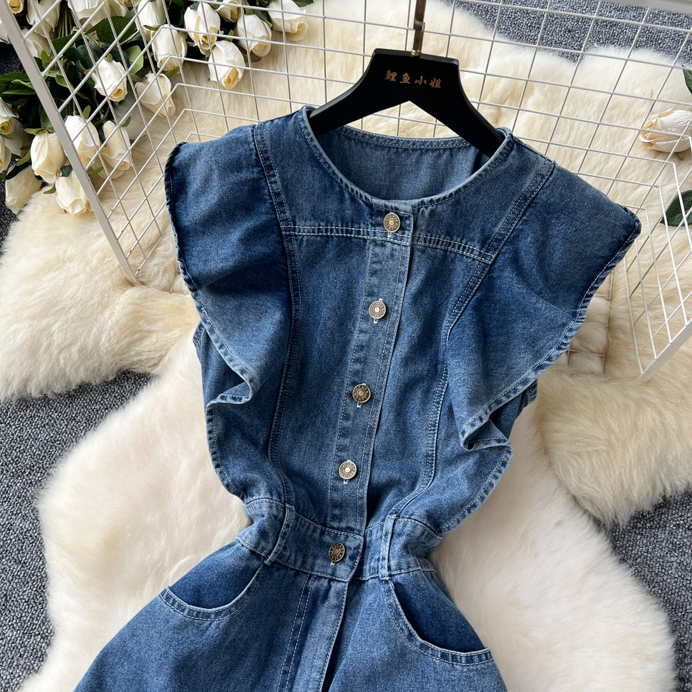 Denim dress women's  new arrival: designer ruffle trim, single-breasted, cinched waist, sleeveless, maxi swing dress