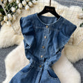 Denim dress women's  new arrival: designer ruffle trim, single-breasted, cinched waist, sleeveless, maxi swing dress