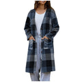 fashion cross-border casual woolenplaid medium long flap pocket pants button long sleevescardiganfashionoutwear