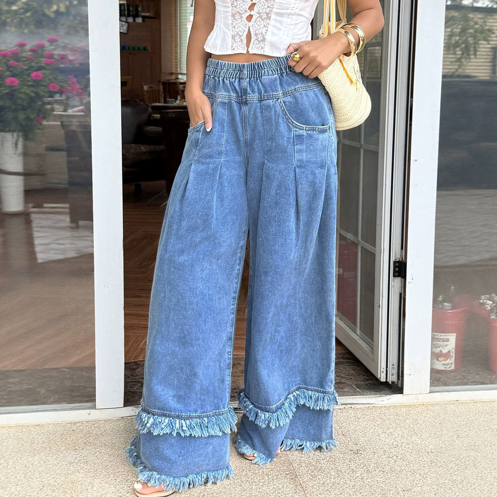 Fashionjeans women's elastic waist double-layer raw edge wide-leg mop pants soft washed denim casual