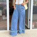 Fashionjeans women's elastic waist double-layer raw edge wide-leg mop pants soft washed denim casual