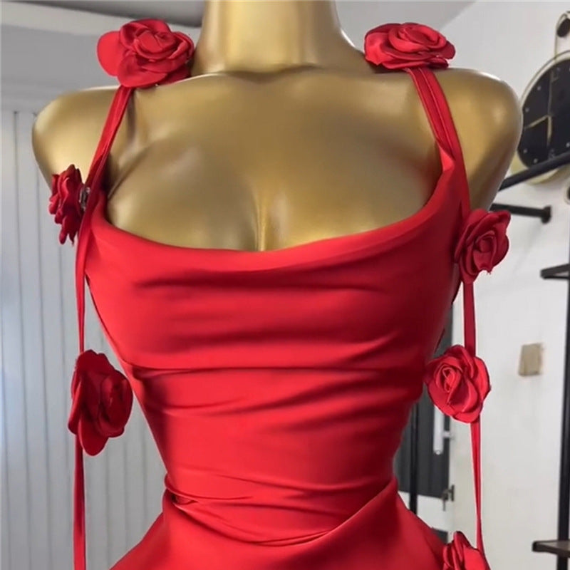 European and american cross-border women's fashion:  summer new arrival - high-end, elegant red floral print short cami dress