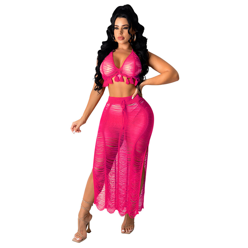 Amazon summer collection: european & american style sexy cutout tassel knit beach dress set - direct from the cross-border factory