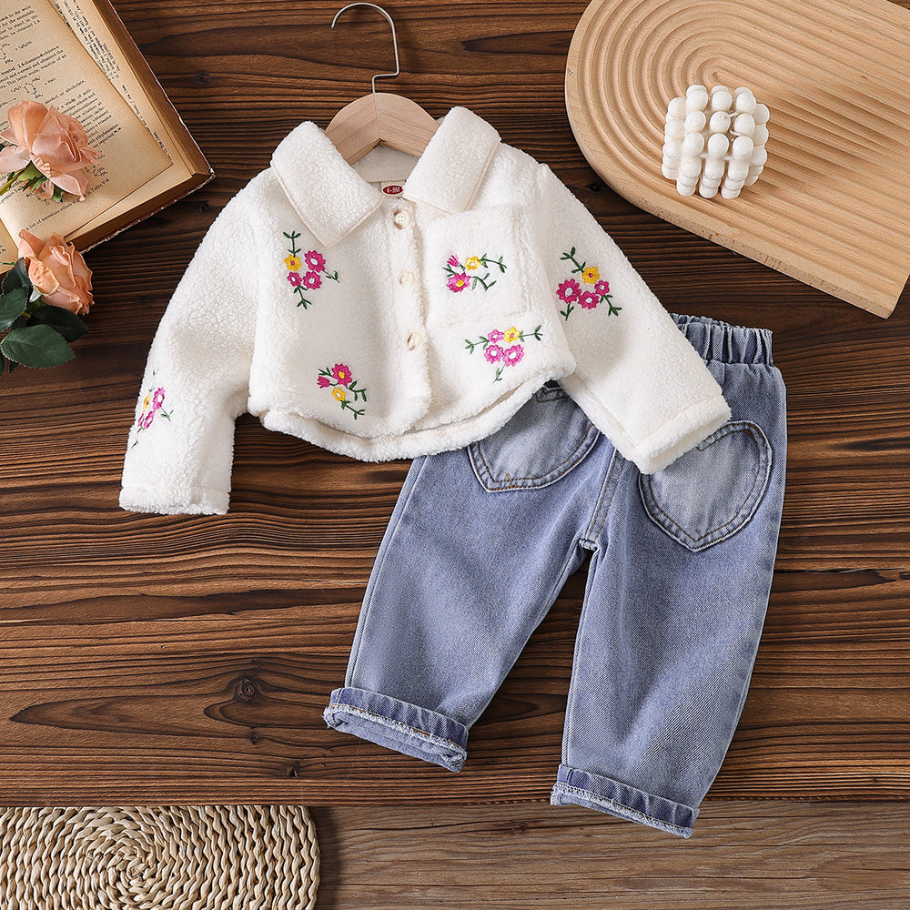 New autumn cross-border baby & toddler fleece-lined embroidered jacket & heavy-duty washed denim pants two-piece set