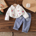 New autumn cross-border baby & toddler fleece-lined embroidered jacket & heavy-duty washed denim pants two-piece set