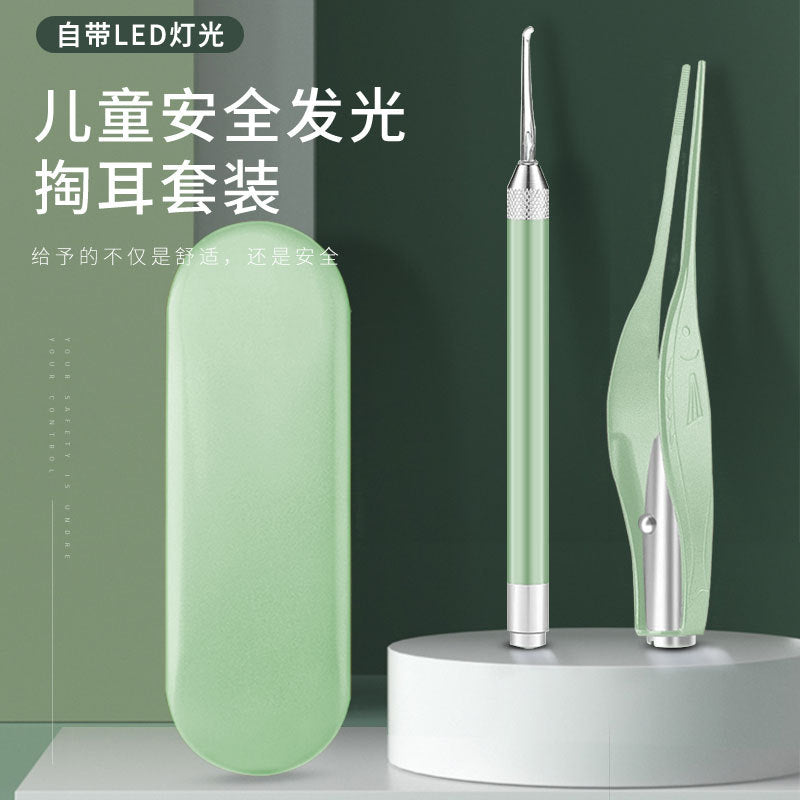 Baby luminous ear spoon ear pick luminous ear tweezers ear digging earwax tweezers tool suit ear picking with light in stock