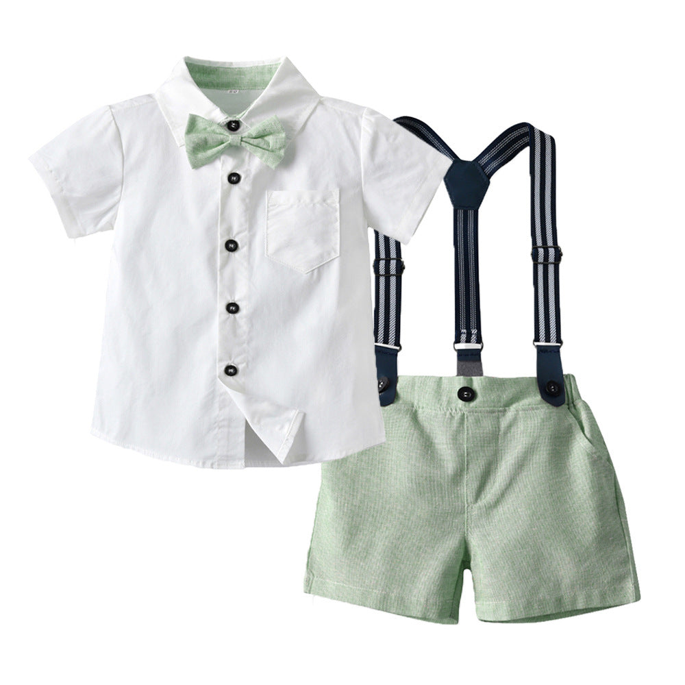 Summer kids' new european and american gentleman short-sleeve shirt set, children's suspender shorts two-piece outfit, first birthday dress