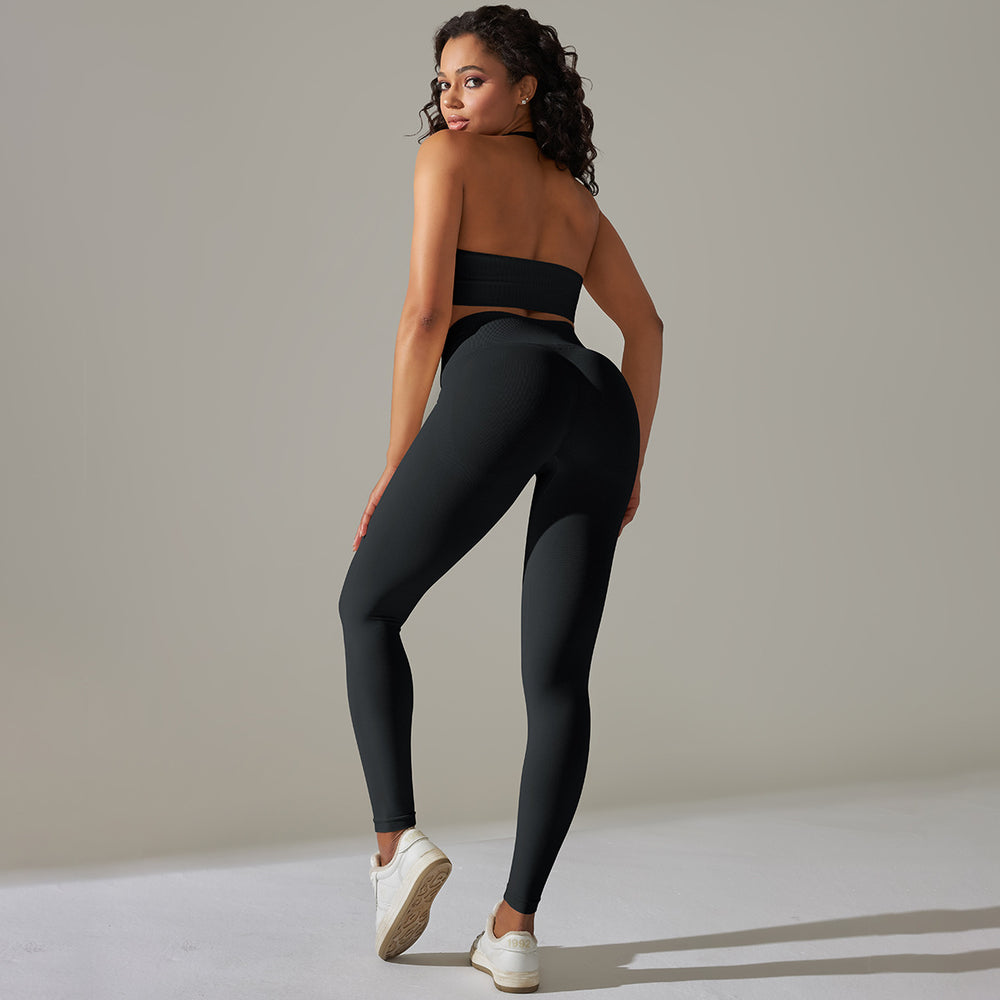 European and american cross-border seamless backless halter sports bra yoga set - fitness bra and yoga pants two-piece set for women