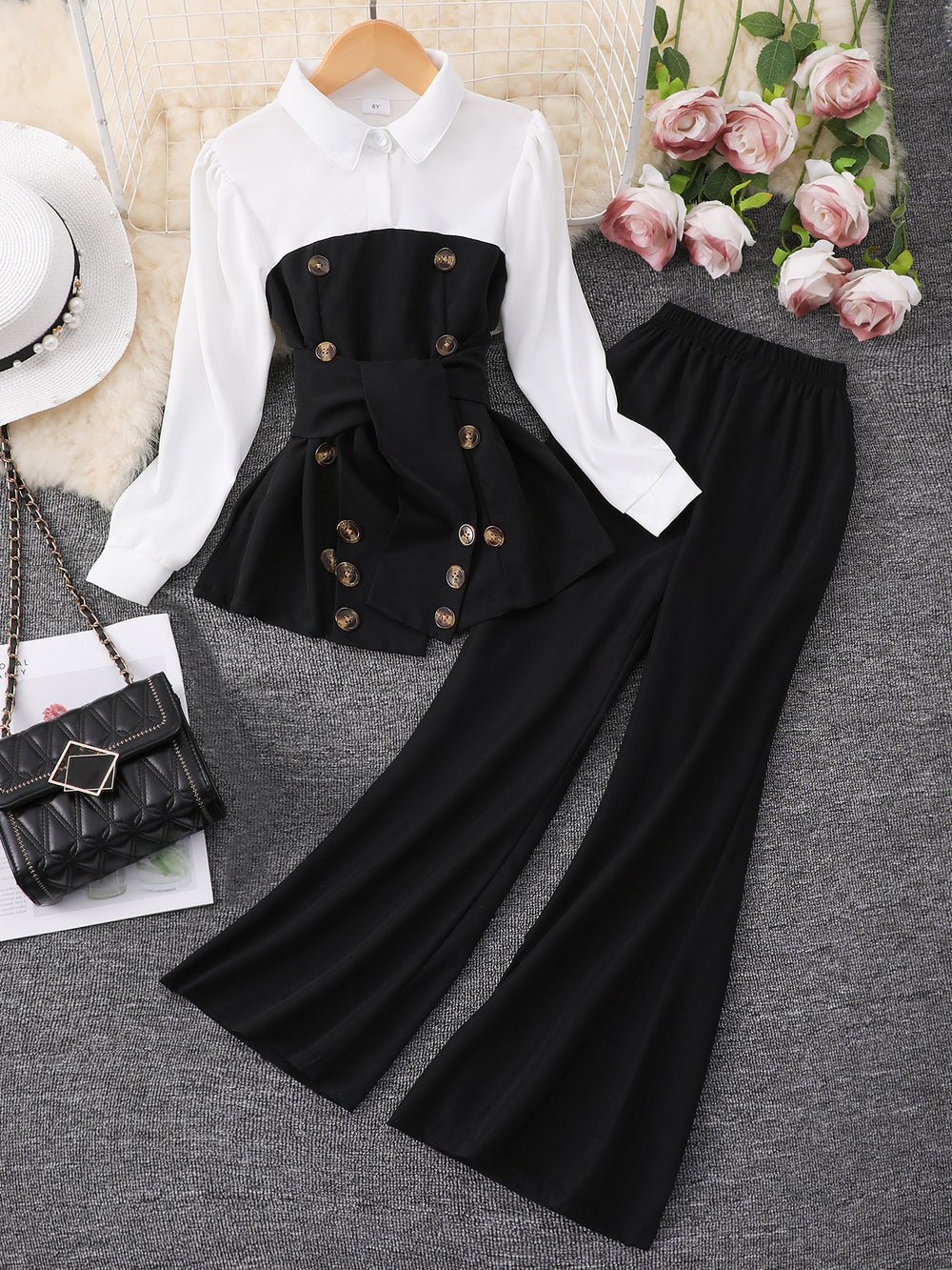 Girls' two-piece outfit: patchwork top + flare pants set