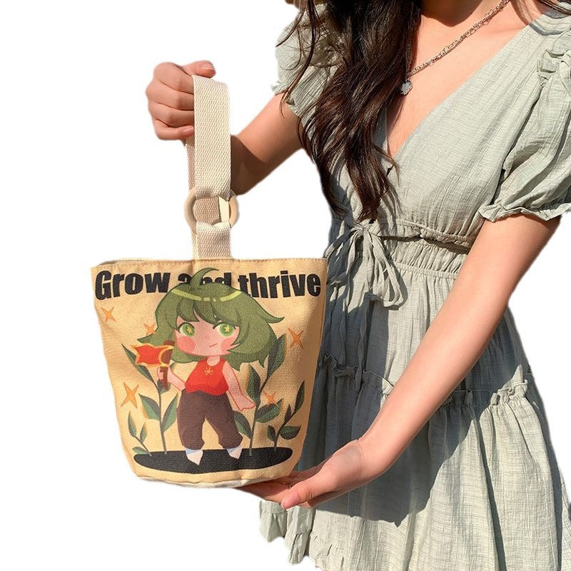 Cute cartoon canvas tote bag for women, 2024 new style handheld bucket bag, large capacity lunch bag, fashionable cloth handbag