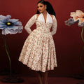 European and american cross-border women's fashion:  autumn new arrival - elegant halter neck printed waist-cinching a-line midi maxi dress