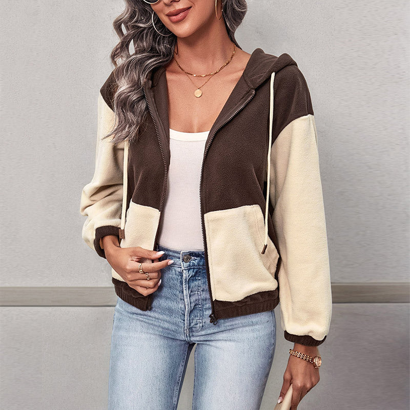 Europe, America and  2025 new autumn and winter  casual style zipper cardigan hooded color matching fleece jacket women
