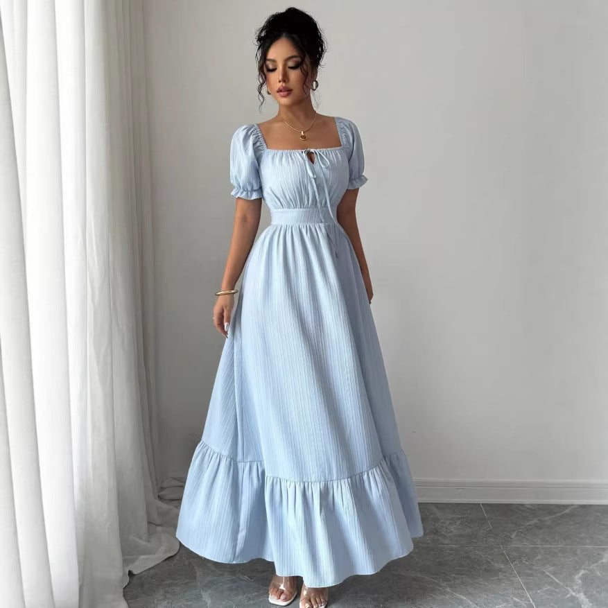 spring women's fashion: european and american fresh & elegant lace-up square neck dress - youthful, backless, ruffle sleeve french style dress