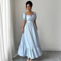spring women's fashion: european and american fresh & elegant lace-up square neck dress - youthful, backless, ruffle sleeve french style dress