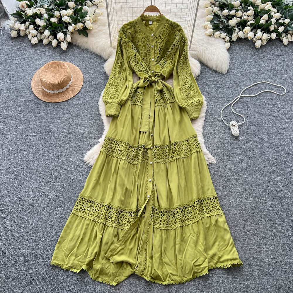 French retro court style heavy embroidered hollow-out lace patchwork tie-waist single-breasted elegant long dress for women