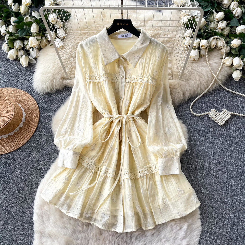 Frenchretro lapel strap waist dress women's spring autum mint green lacepatchwork a-line skirt work clothing