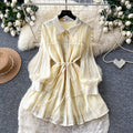 Frenchretro lapel strap waist dress women's spring autum mint green lacepatchwork a-line skirt work clothing